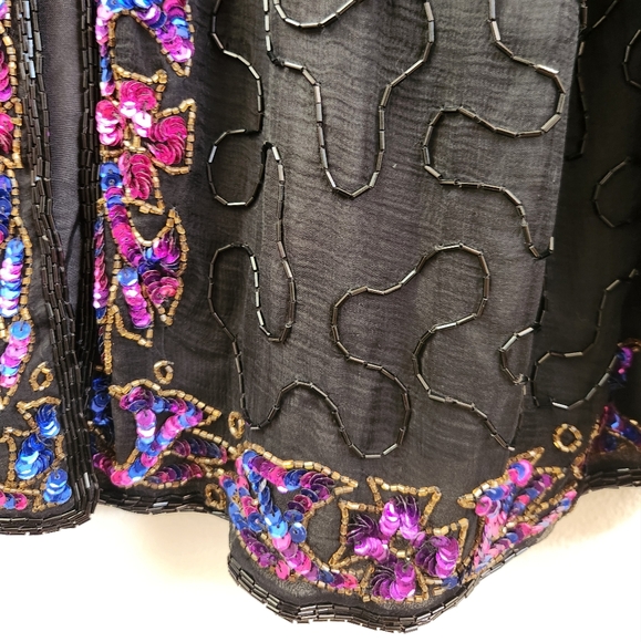 Vintage J.M.C. Silk Jacket Open Front Beaded Sequins Long Sleeve Black Size 1X - Picture 7 of 15